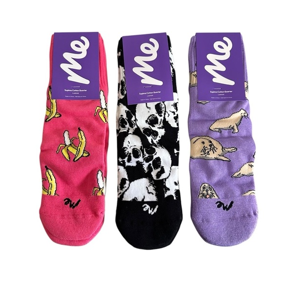MeUndies Supima Cotton Quarter Socks Lot Of 3 Sz Large Bananas Seals Skulls NWT - Picture 1 of 8